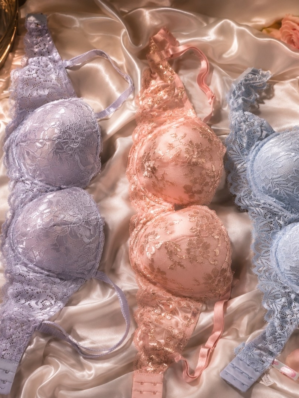 PINK Victoria's Secret Lace Embroidered Bras in Peach & Lilac
